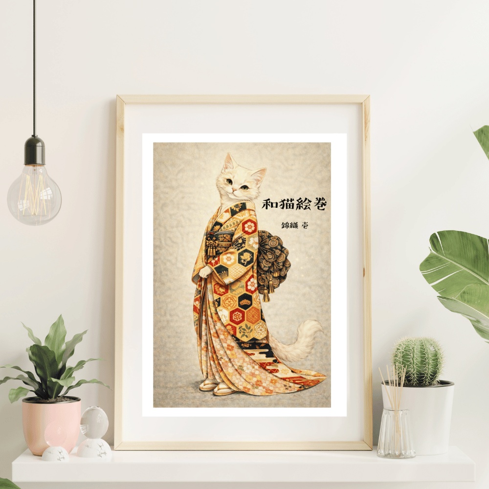【和猫絵巻】和猫絵巻_錦織_壱_白猫|猫×着物アートポスター|和風インテリア