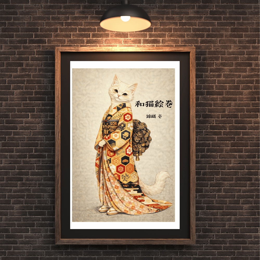 【和猫絵巻】和猫絵巻_錦織_壱_白猫|猫×着物アートポスター|和風インテリア