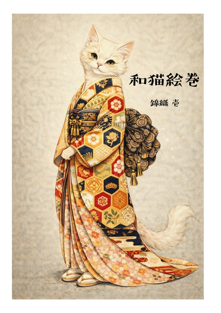 【和猫絵巻】和猫絵巻_錦織_壱_白猫|猫×着物アートポスター|和風インテリア