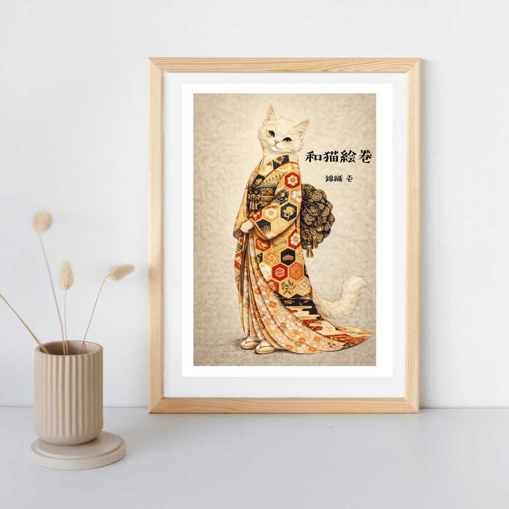 【和猫絵巻】和猫絵巻_錦織_壱_白猫|猫×着物アートポスター|和風インテリア