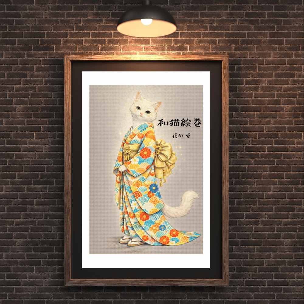 【和猫絵巻】花灯_壱_白猫|猫×着物アートポスター|和風インテリア