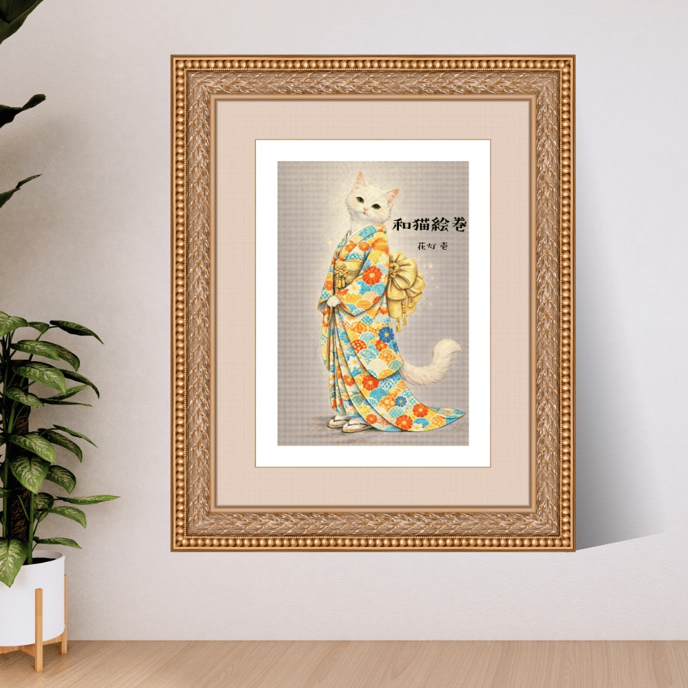 【和猫絵巻】花灯_壱_白猫|猫×着物アートポスター|和風インテリア