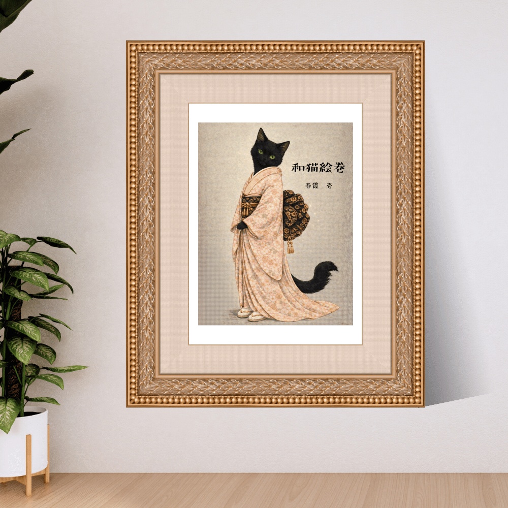 【和猫絵巻】春霞_壱_黒猫|猫×着物アートポスター|和風インテリア