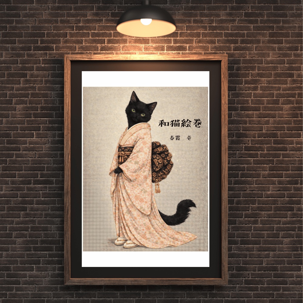 【和猫絵巻】春霞_壱_黒猫|猫×着物アートポスター|和風インテリア