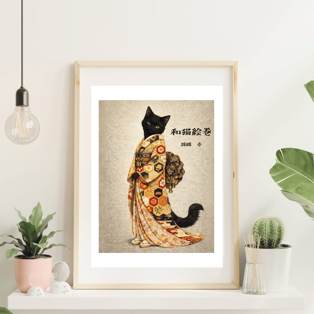 【和猫絵巻】錦織_壱_黒猫|猫×着物アートポスター|和風インテリア