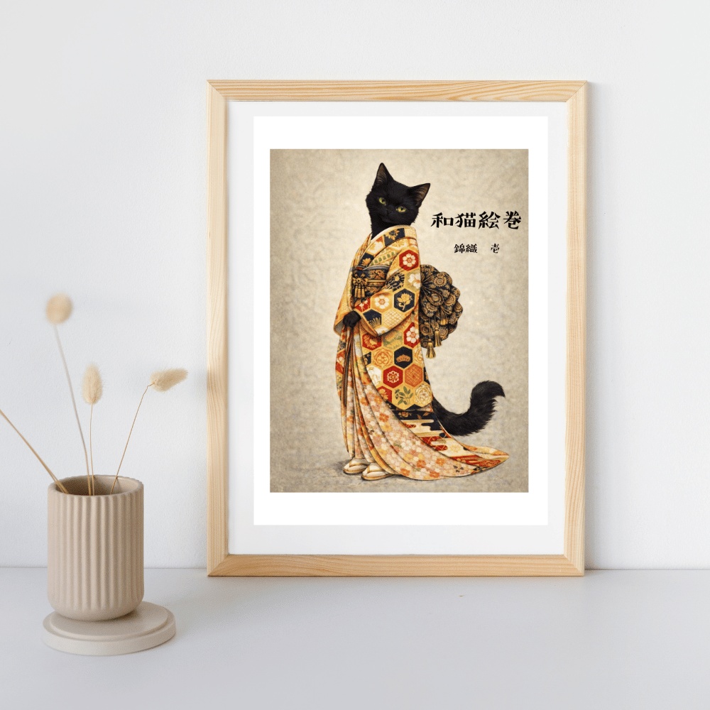 【和猫絵巻】錦織_壱_黒猫|猫×着物アートポスター|和風インテリア