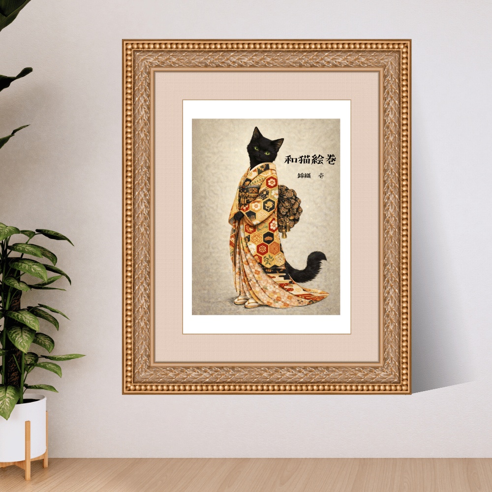 【和猫絵巻】錦織_壱_黒猫|猫×着物アートポスター|和風インテリア