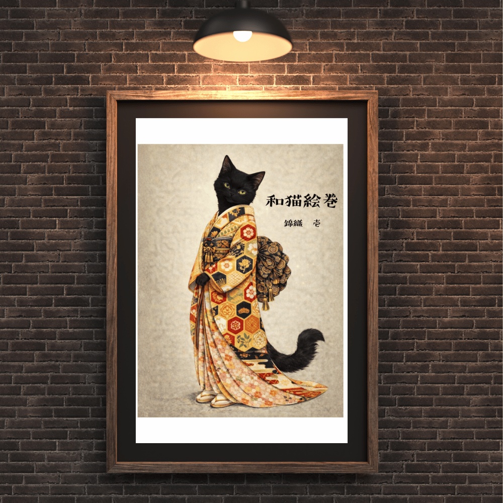 【和猫絵巻】錦織_壱_黒猫|猫×着物アートポスター|和風インテリア
