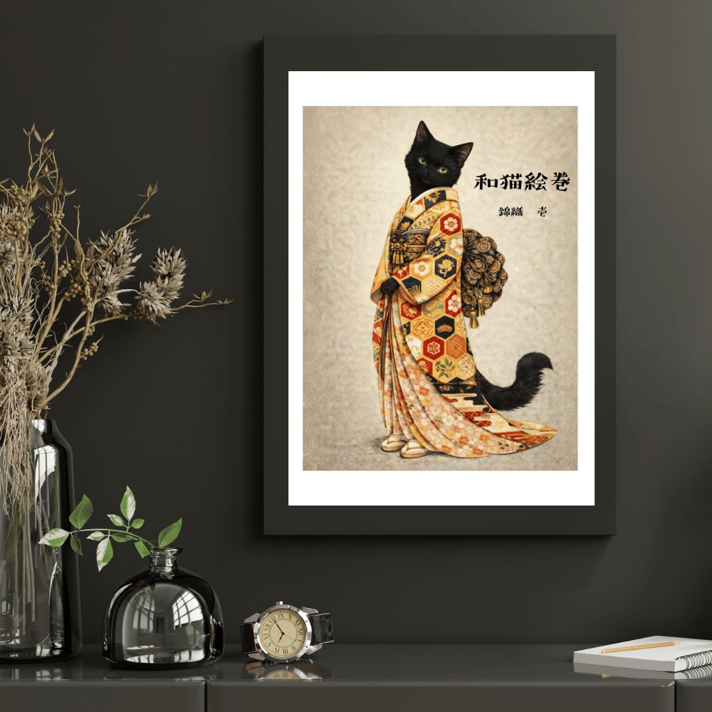 【和猫絵巻】錦織_壱_黒猫|猫×着物アートポスター|和風インテリア