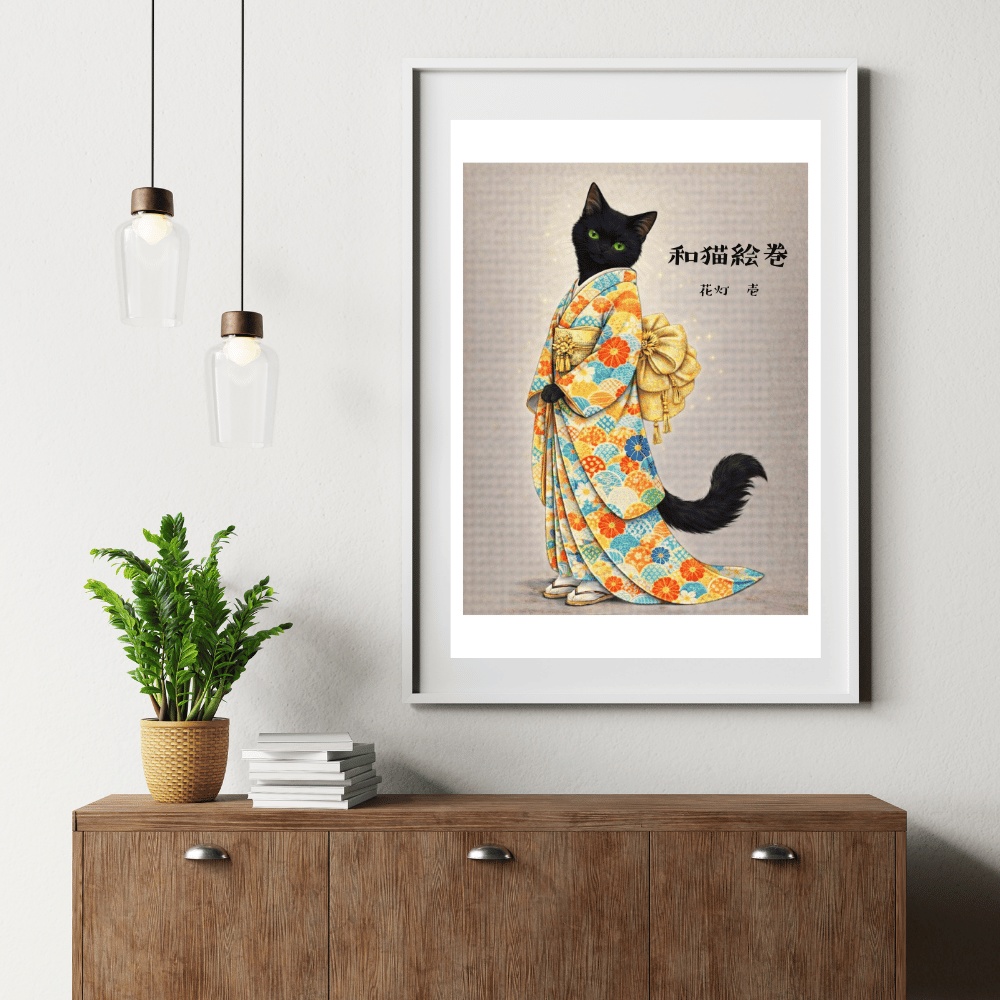 【和猫絵巻】花灯_壱_黒猫|猫×着物アートポスター|和風インテリア