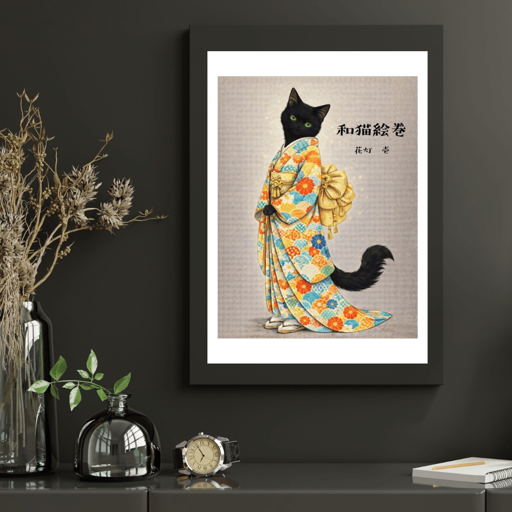 【和猫絵巻】花灯_壱_黒猫|猫×着物アートポスター|和風インテリア