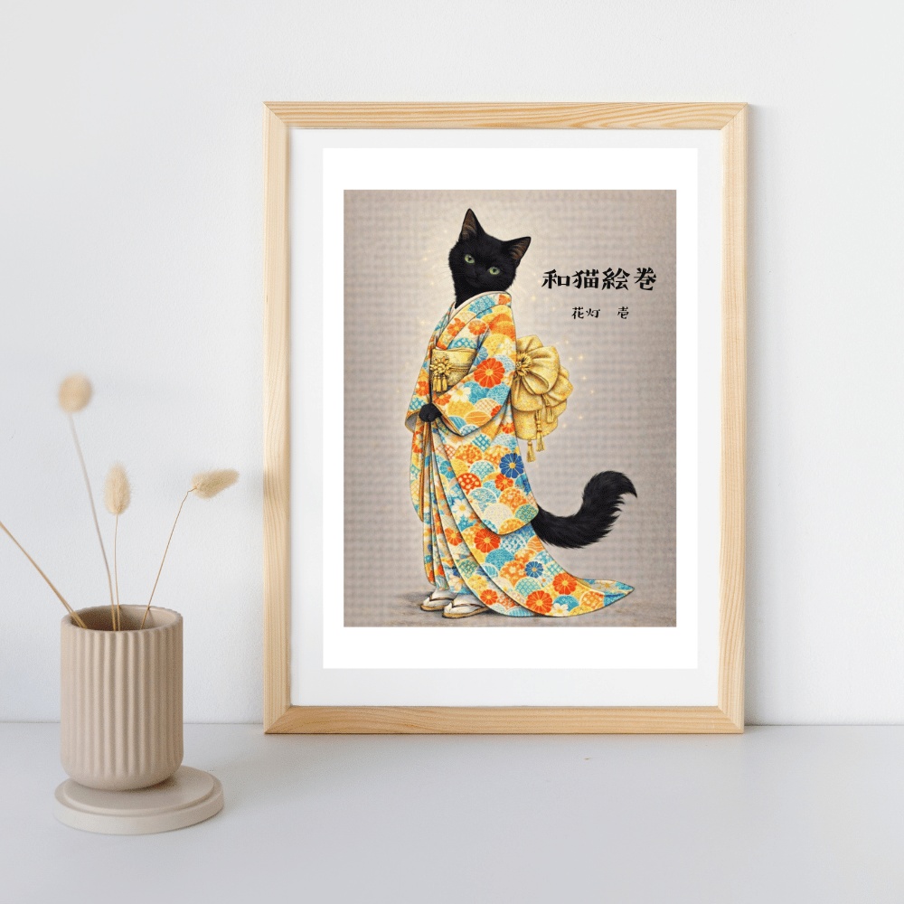 【和猫絵巻】花灯_壱_黒猫|猫×着物アートポスター|和風インテリア