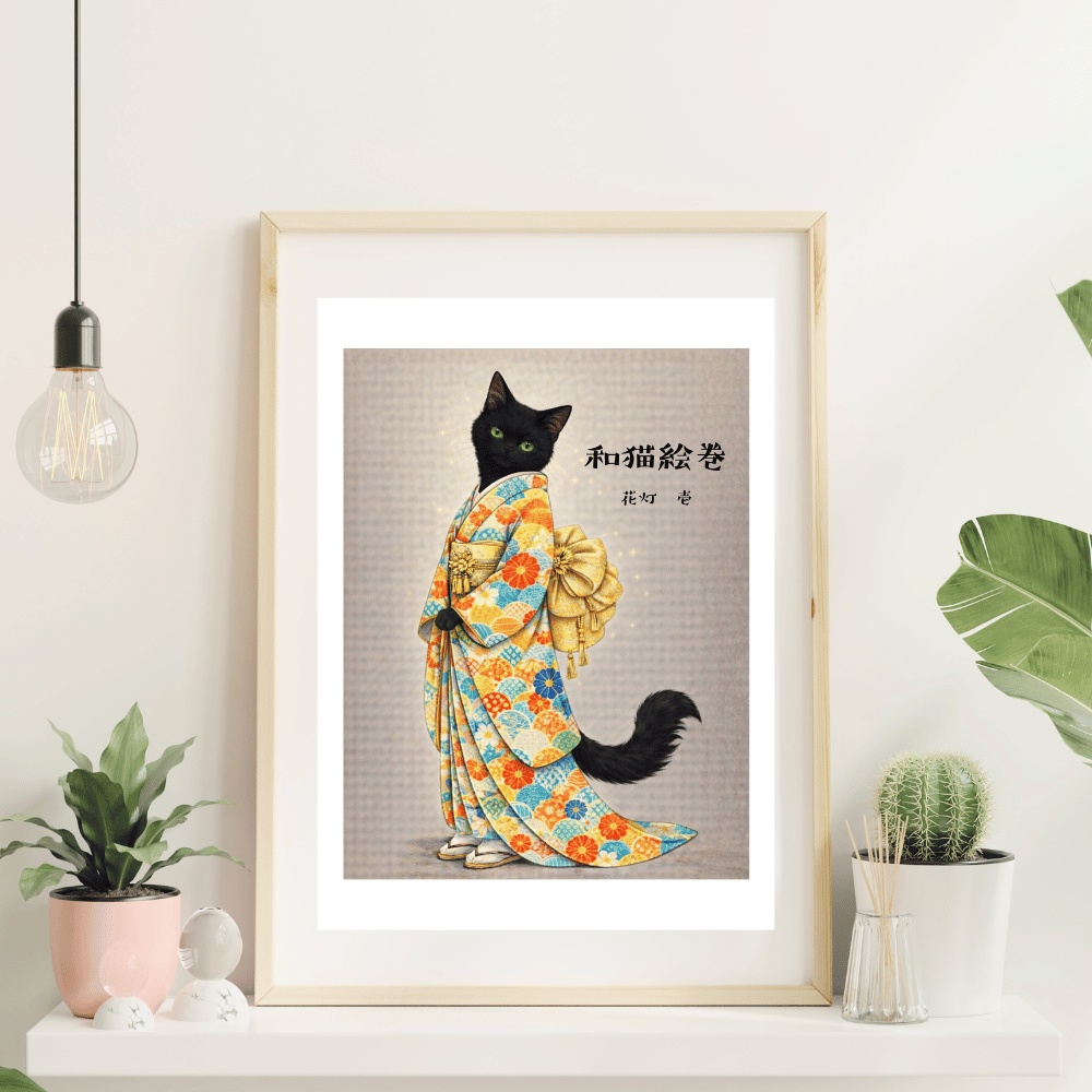 【和猫絵巻】花灯_壱_黒猫｜猫×着物アートポスター｜和風インテリア