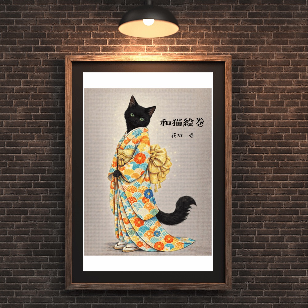 【和猫絵巻】花灯_壱_黒猫|猫×着物アートポスター|和風インテリア