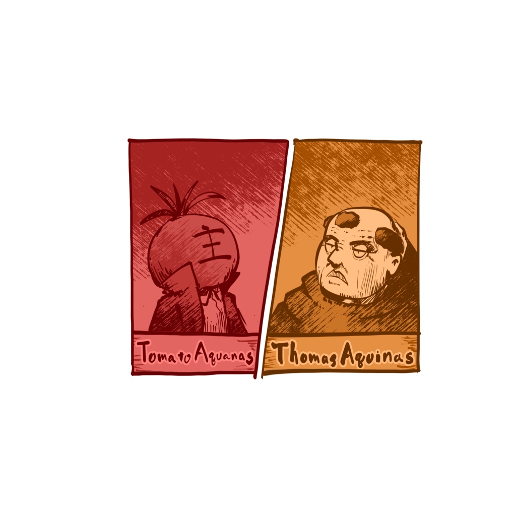 コンセプトTシャツ「トマト・アクァナス VS トマス・アクィナス」(白/黒/赤)