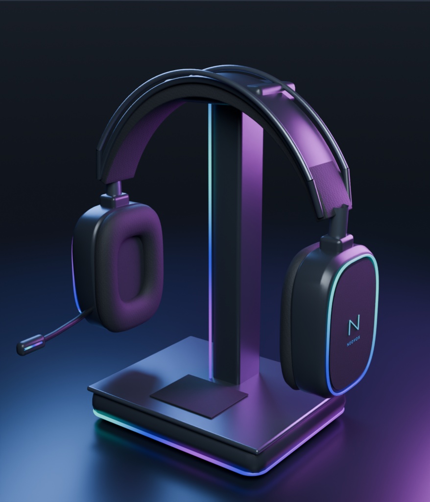 【VRChatアバター向け】NEOVOX RGBヘッドセット｜頭・首掛け切替／スタンド付き