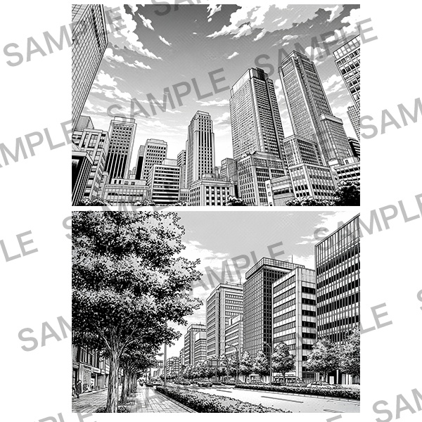 【漫画素材】背景シリーズ「空とビル」PNG15点セット