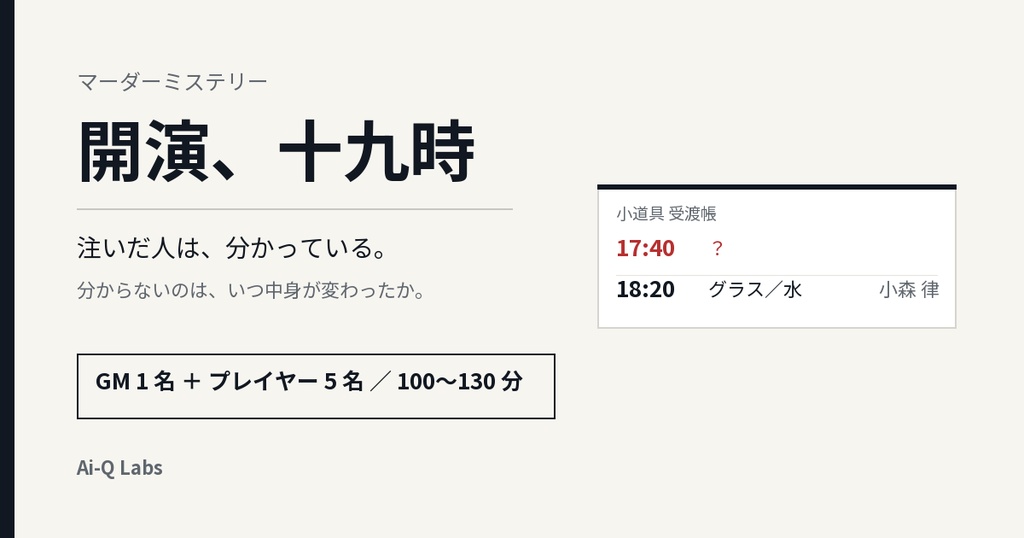 マーダーミステリー『開演、十九時』GM+5人/100〜130分【マダミス】