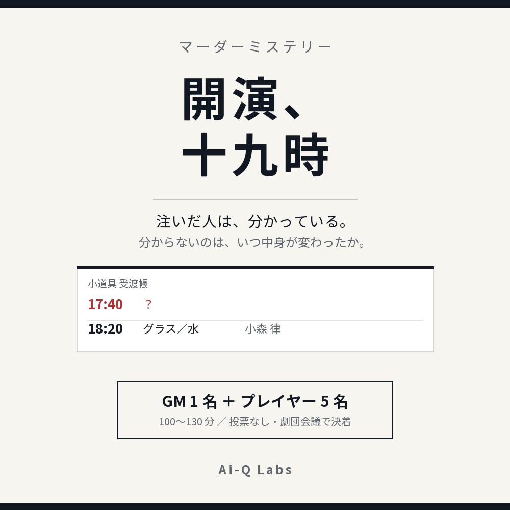 マーダーミステリー『開演、十九時』GM＋5人/100〜130分【マダミス】