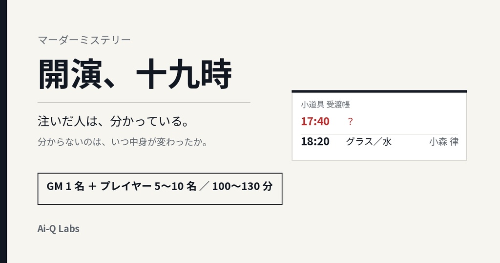マーダーミステリー『開演、十九時』GM+5〜10人【マダミス】