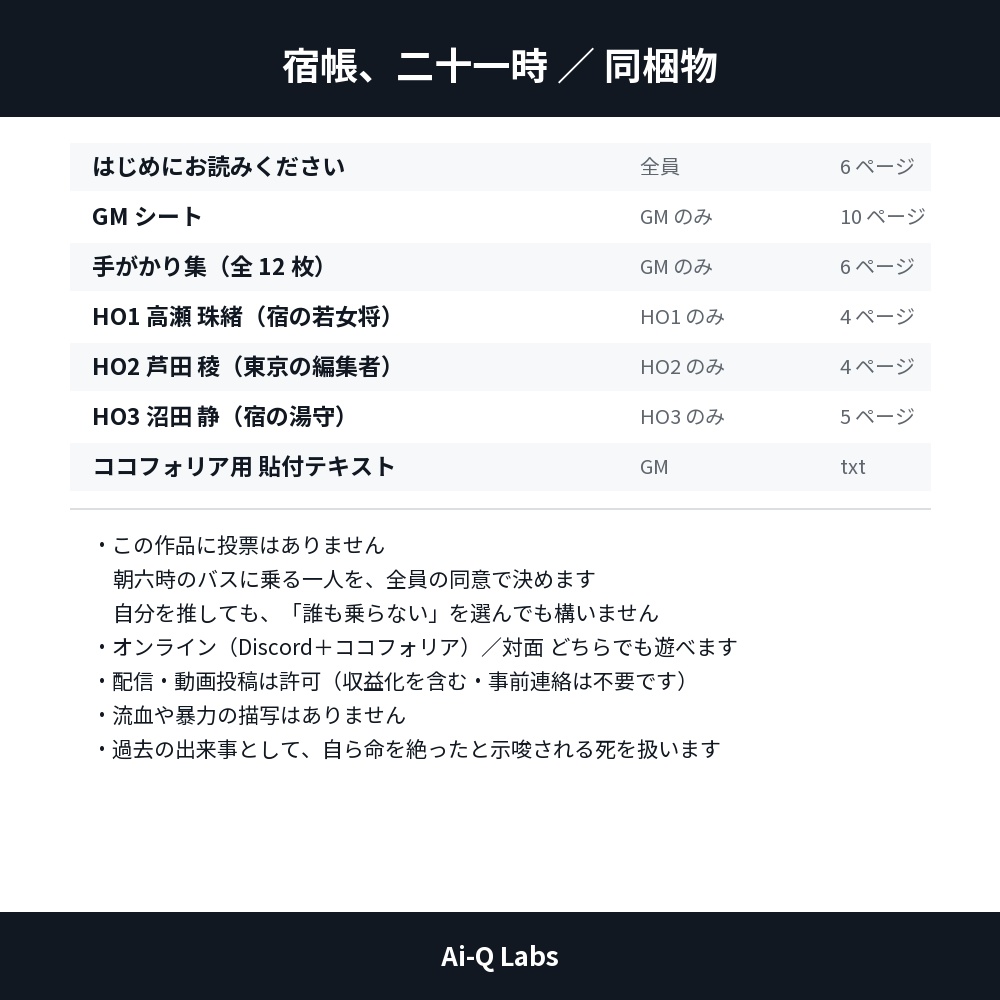 マーダーミステリー『宿帳、二十一時』GM+3人/90〜120分【マダミス】
