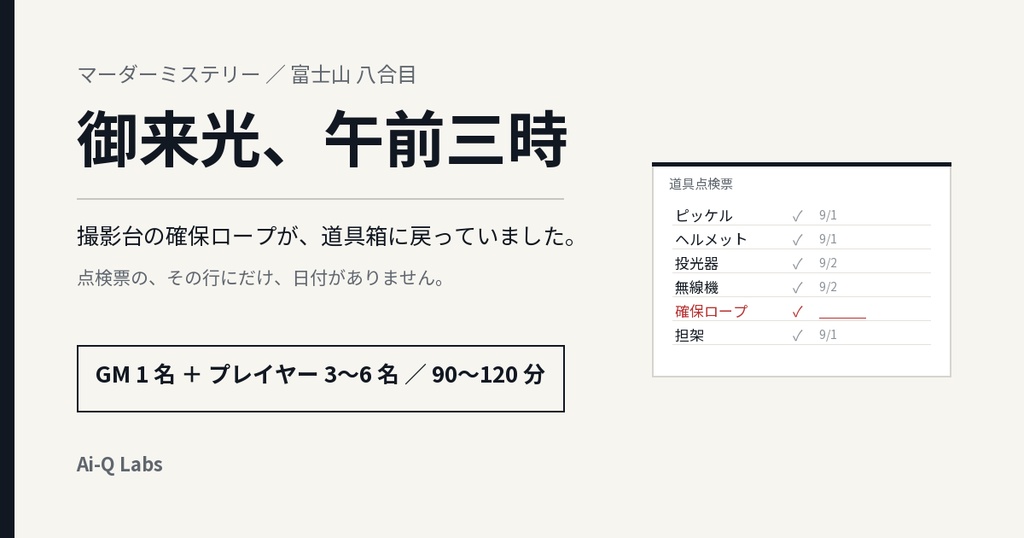マーダーミステリー『御来光、午前三時』GM+3〜6人【マダミス】