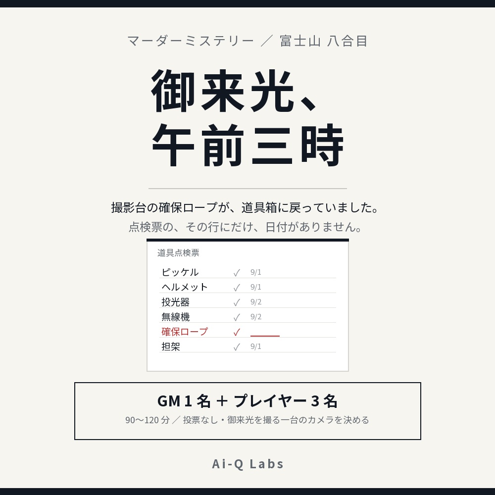 マーダーミステリー『御来光、午前三時』GM＋3人/90〜120分【マダミス】