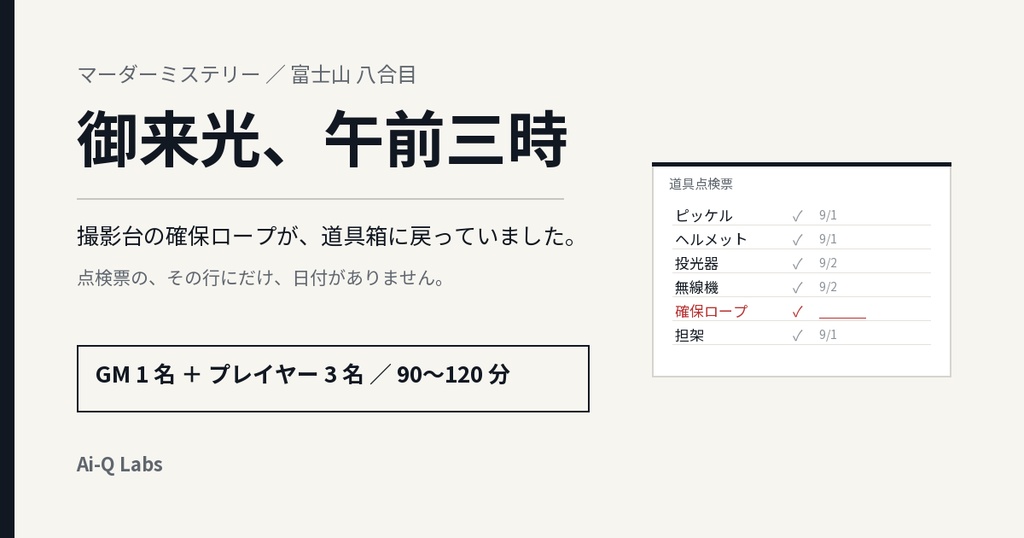 マーダーミステリー『御来光、午前三時』GM+3人/90〜120分【マダミス】