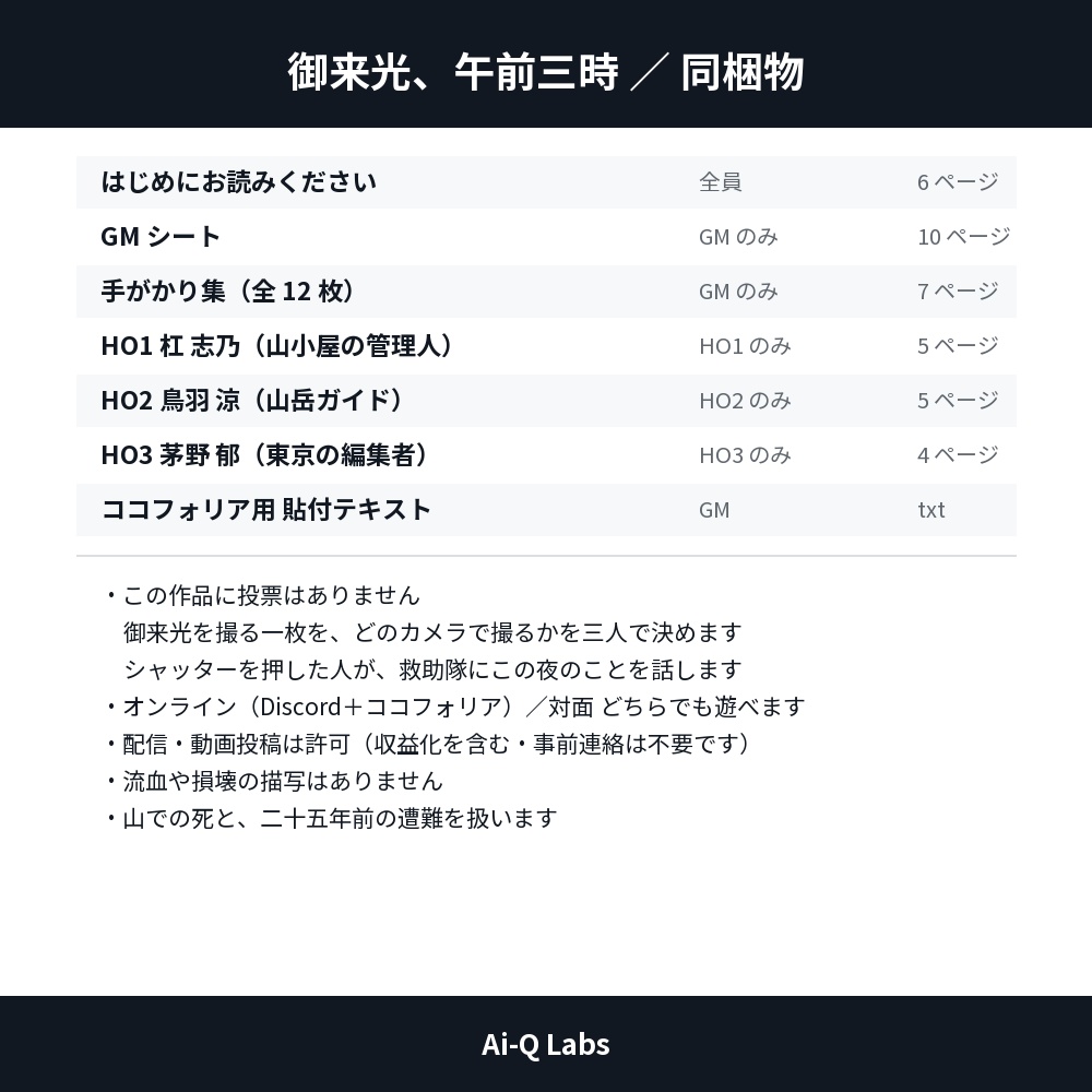 マーダーミステリー『御来光、午前三時』GM+3人/90〜120分【マダミス】
