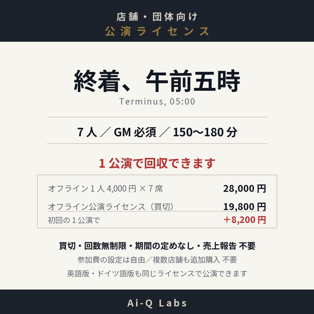 【店舗・団体向け 公演ライセンス】終着、午前五時 ／ 7人・GM必須・150〜180分