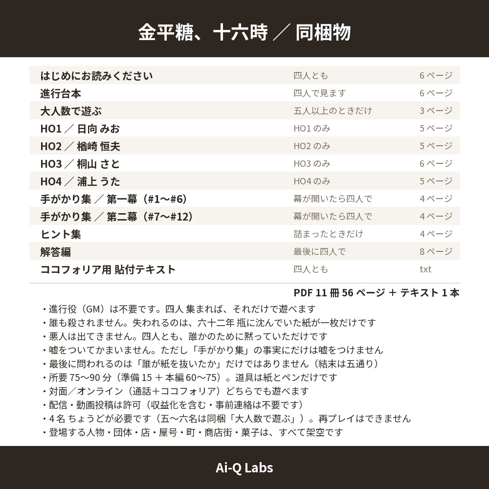 【4人/GM不要・75〜90分】金平糖、十六時 ─ 誰も殺されないマーダーミステリー