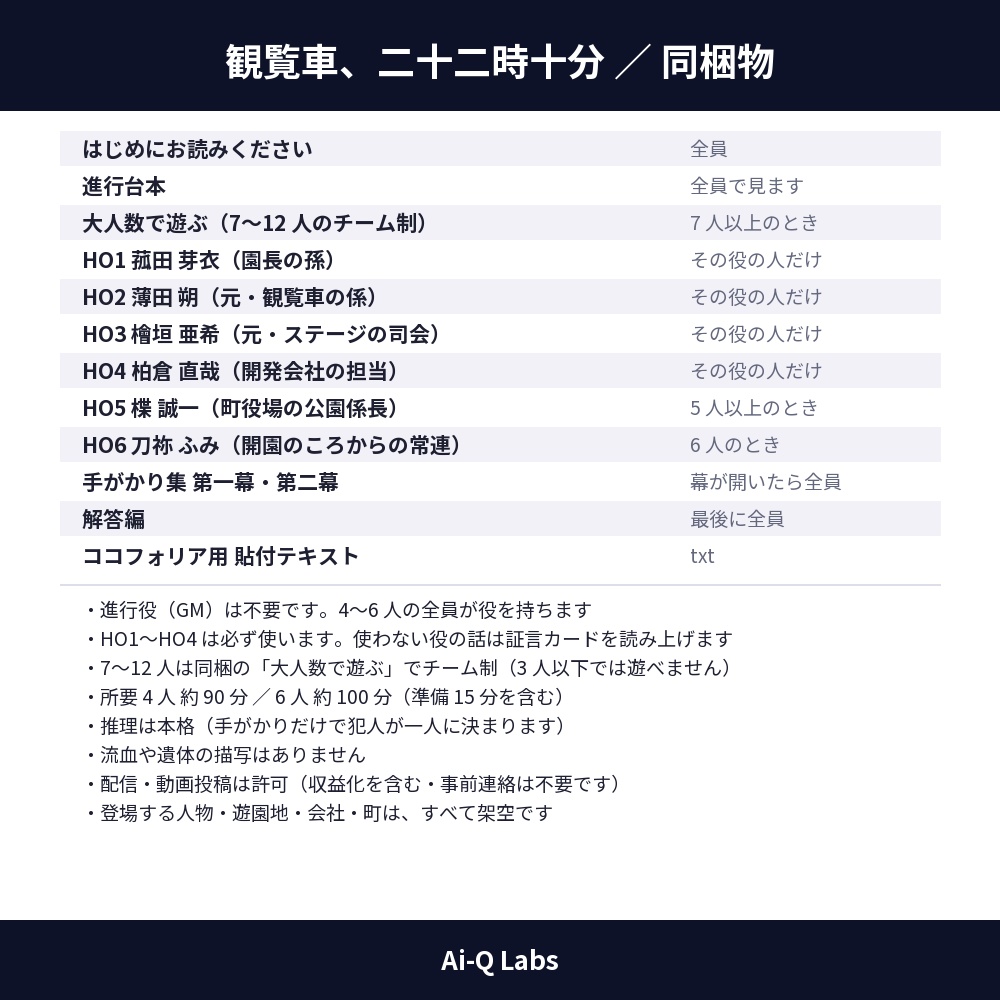 マーダーミステリー『観覧車、二十二時十分』4〜12人・GM不要・遊園地【マダミス】