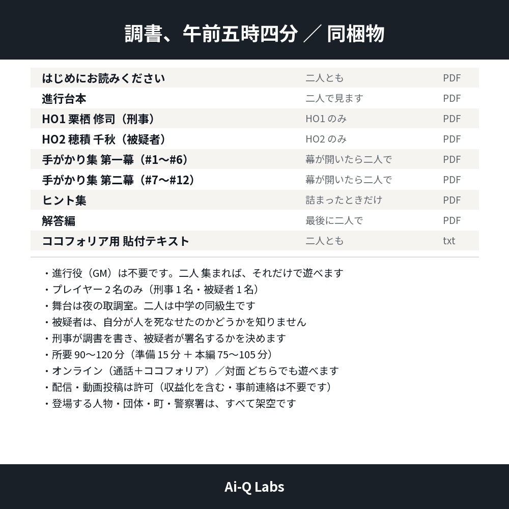 調書、午前五時四分|取調室の2人用マーダーミステリー(刑事と被疑者・GM不要・90〜120分)