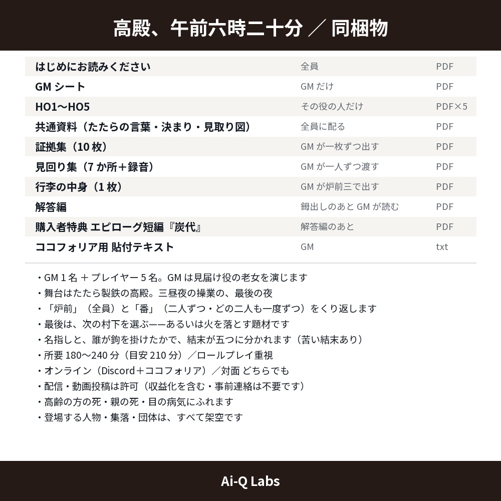 高殿、午前六時二十分|たたら製鉄の最後の夜に次の村下を選ぶマーダーミステリー(GM必須・5人・180〜240分)