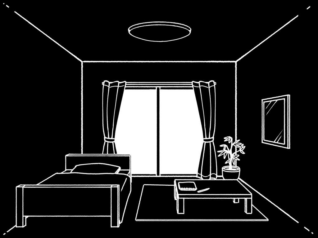 【無料】ワンルーム　家具と窓【手描き/透過素材】