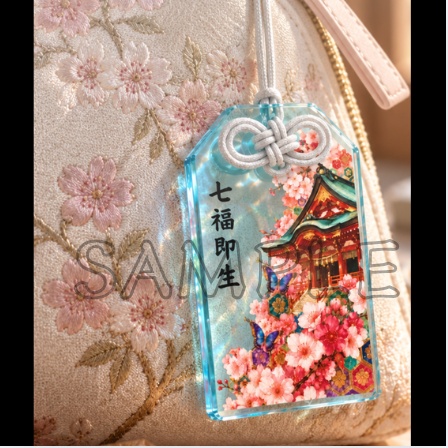 Shrine & Sakura (Clear Blue) — Acrylic Charm / 神社と桜 (透明ブルー) アクリルお守り