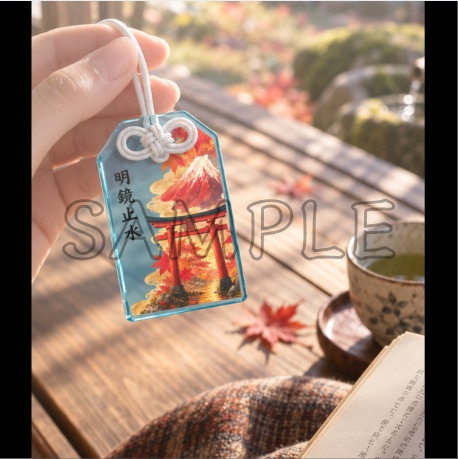 Red Fuji, Torii & Maple leaves (Clear Blue) — Acrylic Charm / 富士鳥居紅葉 (透明ブルー) アクリルお守り