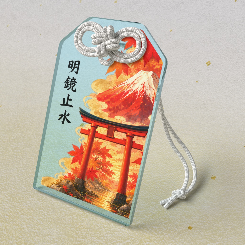 Red Fuji, Torii & Maple leaves (Clear Blue) — Acrylic Charm / 富士鳥居紅葉 (透明ブルー) アクリルお守り
