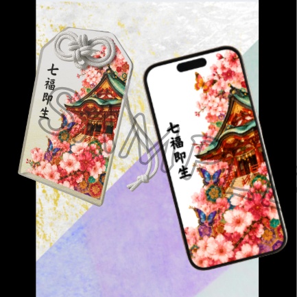 Shrine & Sakura (Clear) — Acrylic Charm & Wallpaper Set  / 神社と桜（透明）アクリルお守り＆待ち受けセット