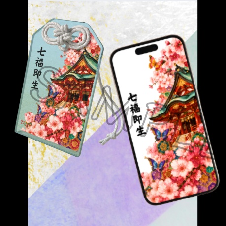 Shrine & Sakura (Clear Blue) — Acrylic Charm & Wallpaper Set / 神社と桜(透明ブルー)アクリルお守り&待ち受けセット