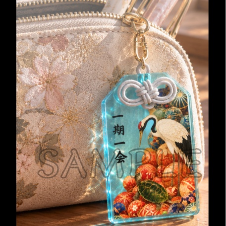 Crane, Turtle & Temari Balls (Clear Blue) — Acrylic Charm & Wallpaper Set / 鶴亀手毬 (透明ブルー)アクリルお守り&待ち受けセット