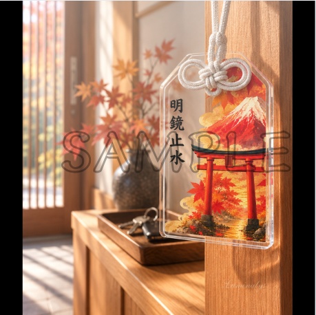 Red Fuji, Torii & Maple leaves (Clear) — Acrylic Charm & Wallpaper Set / 富士鳥居紅葉 (透明)アクリルお守り&待ち受けセット