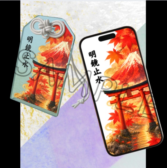 Red Fuji, Torii & Maple leaves (Clear Blue) — Acrylic Charm & Wallpaper Set / 富士鳥居紅葉 (透明ブルー)アクリルお守り&待ち受けセット