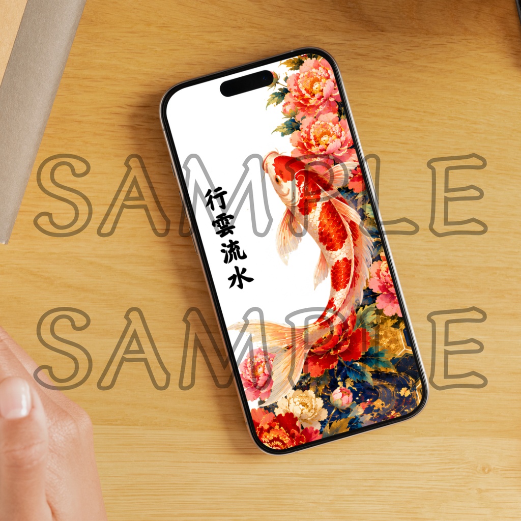 Koi & Peony (Clear Blue) — Acrylic Charm & Wallpaper Set / 鯉牡丹(透明ブルー)アクリルお守り&待ち受けセット