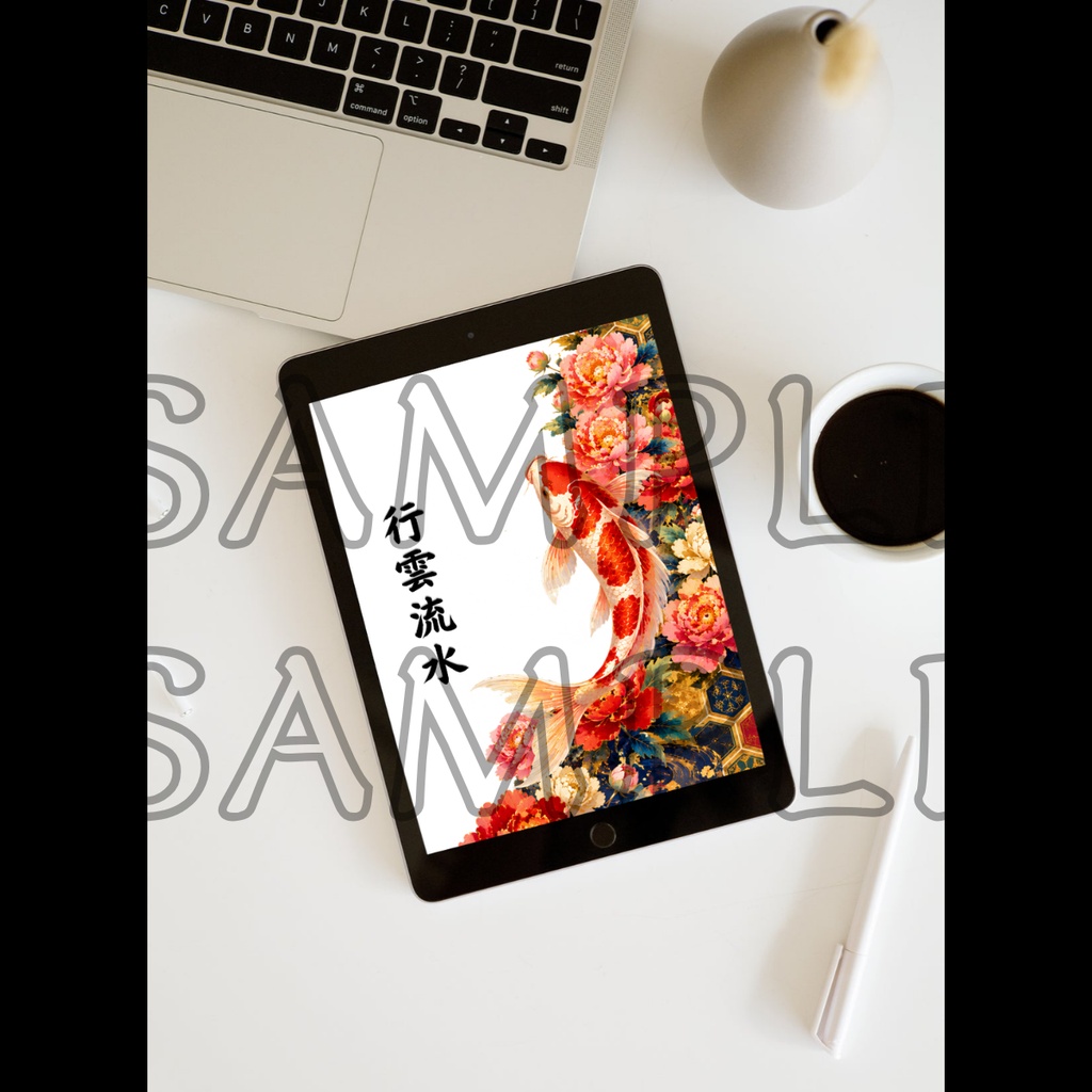 Koi & Peony (Clear Blue) — Acrylic Charm & Wallpaper Set / 鯉牡丹(透明ブルー)アクリルお守り&待ち受けセット