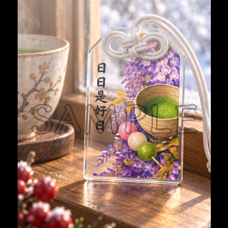 Matcha, Dango & Wisteria (Clear) — Acrylic Charm & Wallpaper Set / 抹茶団子藤(透明)アクリルお守り&待ち受けセット