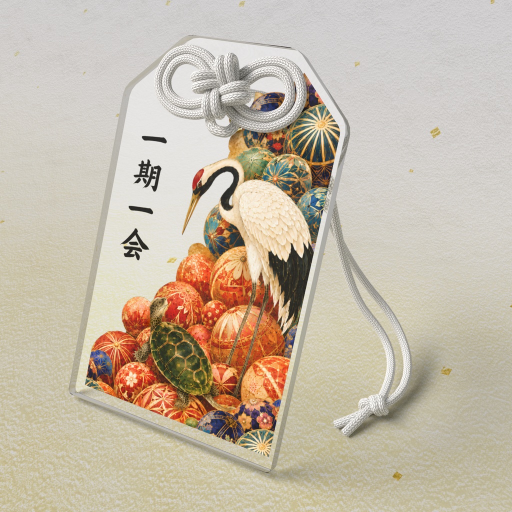 Crane, Turtle & Temari Balls (Clear) — Acrylic Charm / 鶴亀手毬 (透明) アクリルお守り