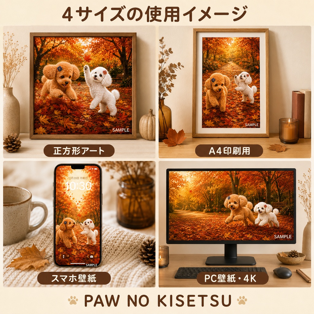 【4サイズセット・うちの子カスタム注文対応】紅葉の公園で落ち葉遊び|秋の一枚絵①