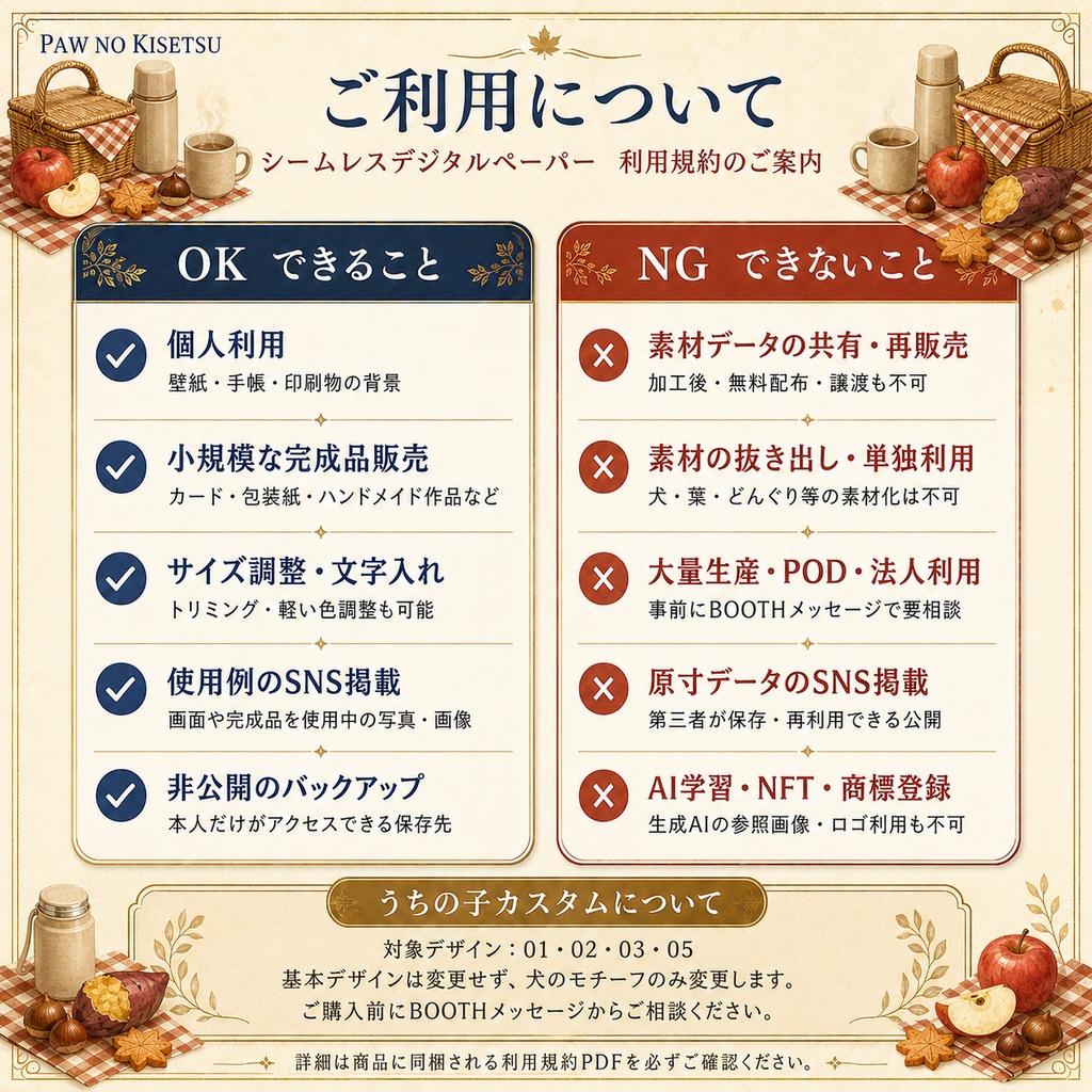 【5枚セット・うちの子カスタム注文対応】秋のピクニックとわんこのシームレスデジタルペーパー|秋のデジタルペーパー②