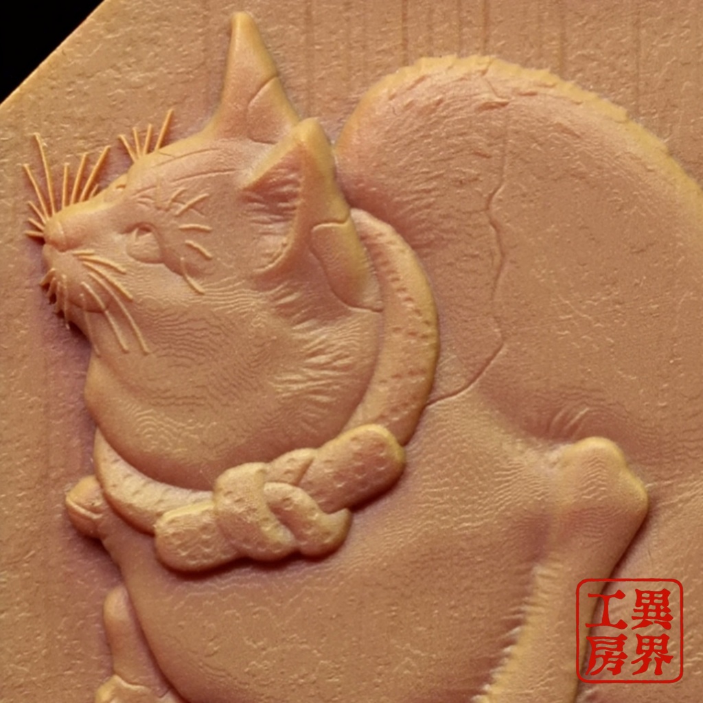 鼠よけの猫 歌川国芳 原作 浮世絵 木彫り風 お守り